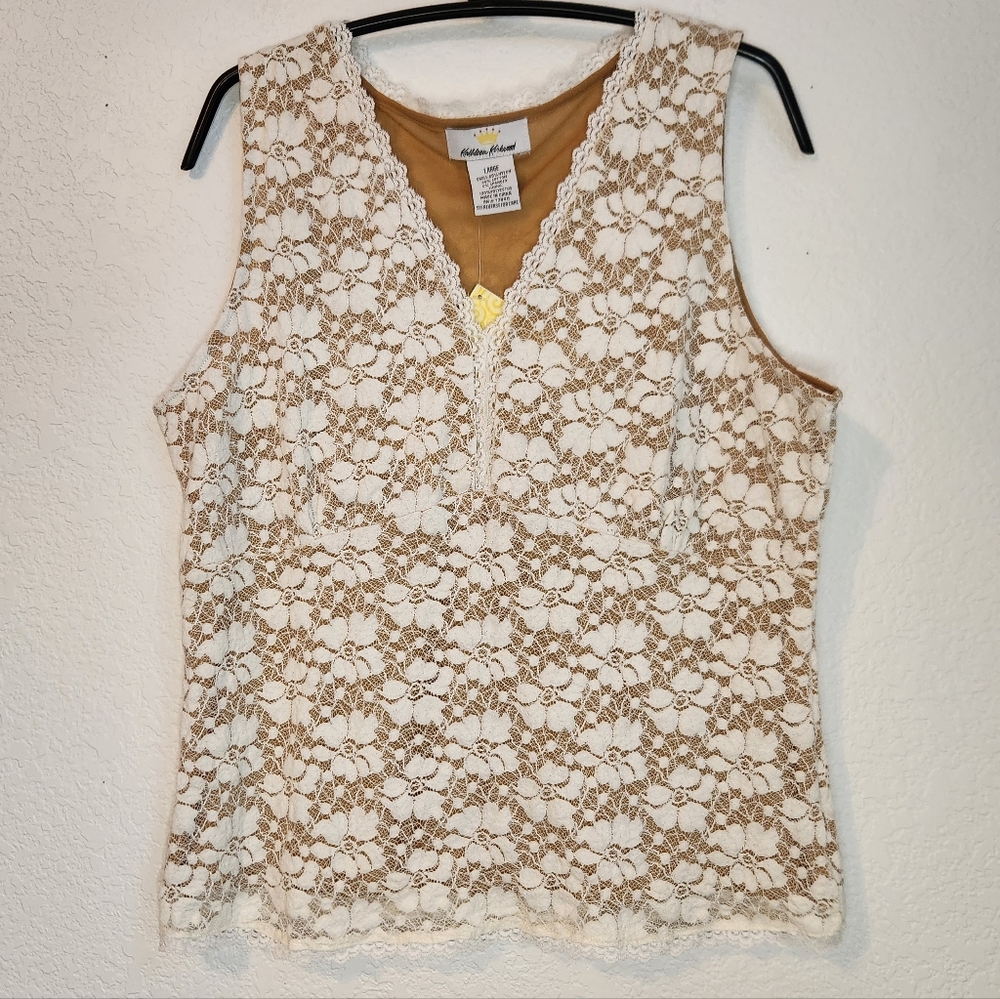 NWT Kathleen Kirkwood Tan Top with White Lace Overlay Camisole Women, Size L‎